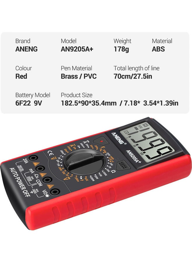 Generic - Aneng An9205a+True-rms Digital Multimeter Transistor Tester Capacitor Tester Automotive Electrical Capacitance Meter Temp Diode red 20*20*20cm - Image 1