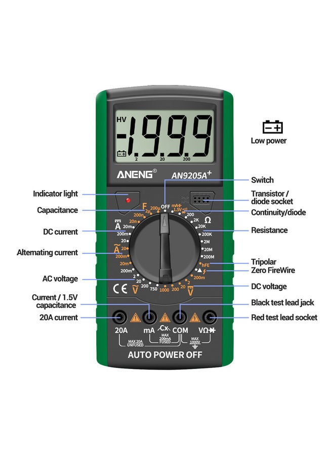 Aneng An9205a+True-rms Digital Multimeter Transistor Tester Capacitor Tester Automotive Electrical Capacitance Meter Temp Diode green 20*20*20cm  - Image 2