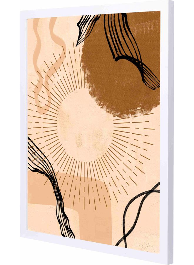 لوحة فنية جدارية بإطار مزينة بنمط تجريدي يمثل شمساً كبيرة الحجم أبيض 43x53x2سم - Image 1