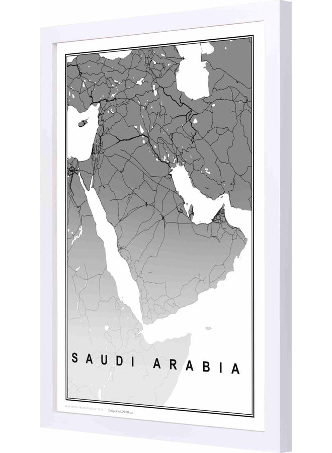 لوحة جدارية برسمة لخريطة المملكة العربية السعودية ومزودة بإطار أبيض 33x43x2سم