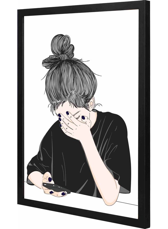 لوحة فنية جدارية مزودة بإطار ومزينة بطبعة تُمثل فتاة مرحة أسود 43x53x2سم - Image 1