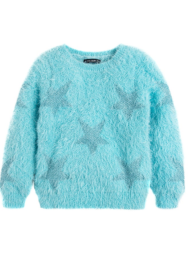 SMYK Shaggy Pattern Star Print Round Neck Sweater Turquoise - Image 1
