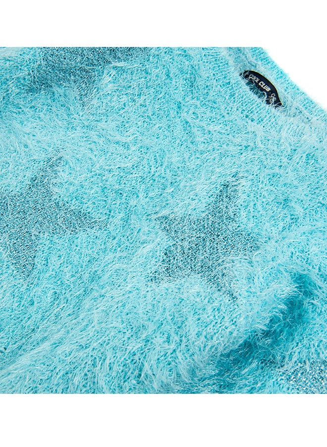 SMYK Shaggy Pattern Star Print Round Neck Sweater Turquoise - Image 2