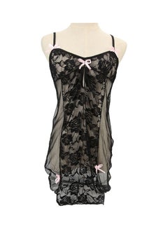 Deep V- Neck See Through Bowknot Decor Nightwear Sleepwear Dress black