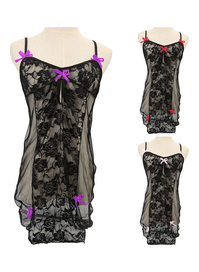 Generic - Deep V- Neck See Through Bowknot Decor Nightwear Sleepwear Dress black - Image 1