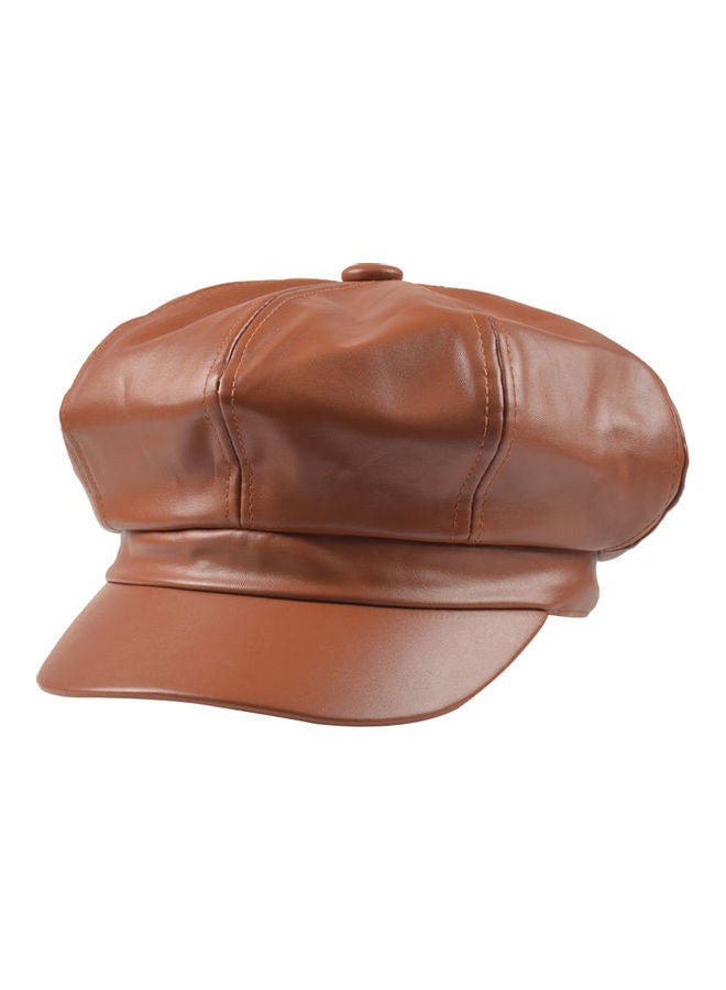 Women Vintage Faux Leather Solid Color Outdoor Beret Painter Flat Hat Peaked Cap Light Coffee  - Image 1