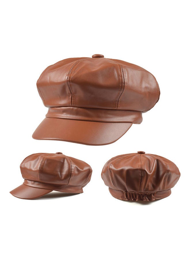 Women Vintage Faux Leather Solid Color Outdoor Beret Painter Flat Hat Peaked Cap Light Coffee  - Image 4