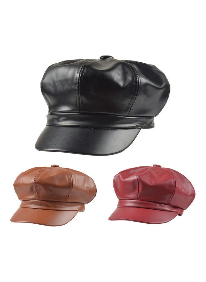 Women Vintage Faux Leather Solid Color Outdoor Beret Painter Flat Hat Peaked Cap Wine Red  - Image 2