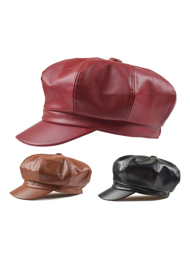 Women Vintage Faux Leather Solid Color Outdoor Beret Painter Flat Hat Peaked Cap Wine Red  - Image 3