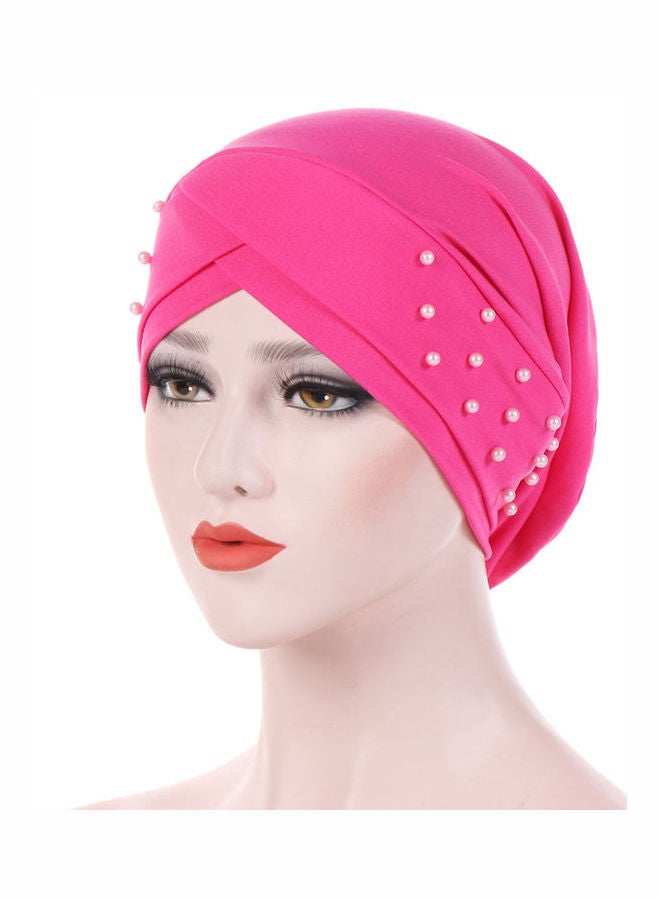 Women Beads Elastic Turban Hat Muslim Cancer Chemo Cap Hijab Head Wrap Rose Red - Image 1