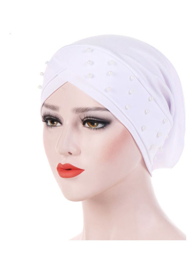 Women Beads Elastic Turban Hat Muslim Cancer Chemo Cap Hijab Head Wrap White - Image 1