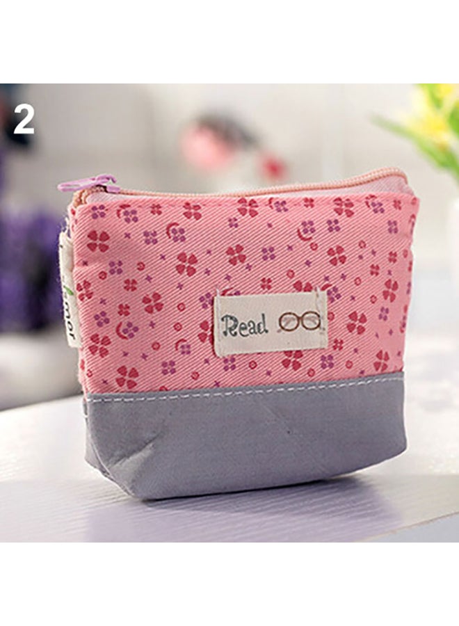 Lovely Women Color Block Floral Canvas Mini Coin Purse Pouch Wallet Key Bag Pink - Image 1