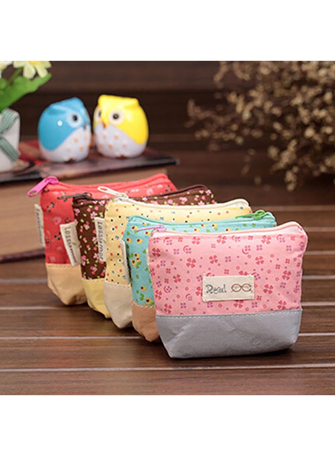 Lovely Women Color Block Floral Canvas Mini Coin Purse Pouch Wallet Key Bag Pink - Image 3