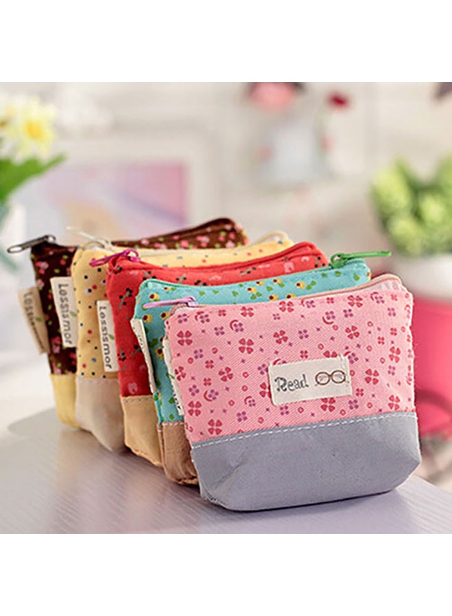 Lovely Women Color Block Floral Canvas Mini Coin Purse Pouch Wallet Key Bag Pink - Image 2