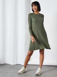Solid Swing Crew Neck Dresses Green