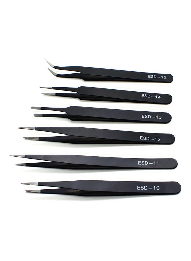 6Pcs Stainless Steel Anti-static Precision Curved Straight Tweezers Repair Tools Black 20*10*20cm - Image 2