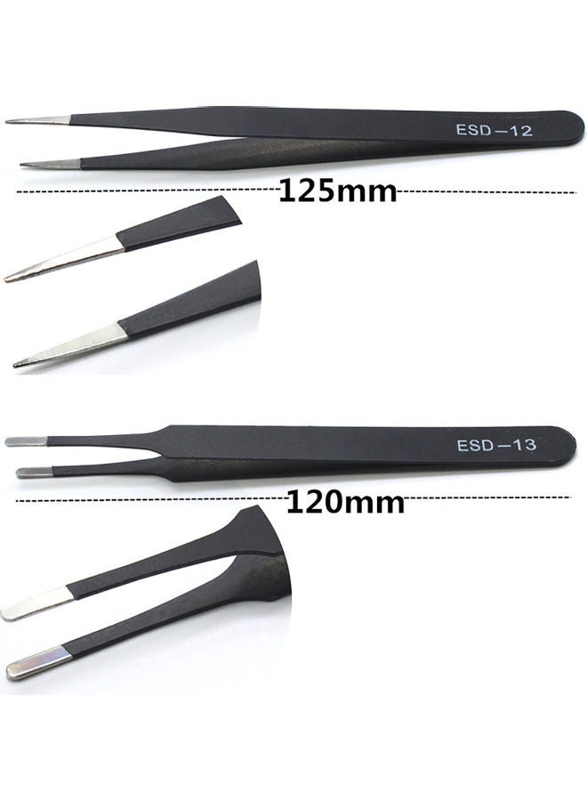 6Pcs Stainless Steel Anti-static Precision Curved Straight Tweezers Repair Tools Black 20*10*20cm - Image 5