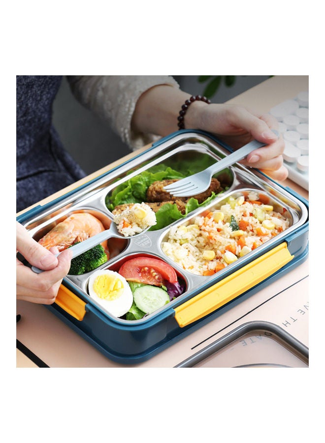 Portable Compartment Lunch Box Adults Stainless Steel Office Staff Separated Bento Box with Cutlery Blue yellow 28*28*28cm - Image 2
