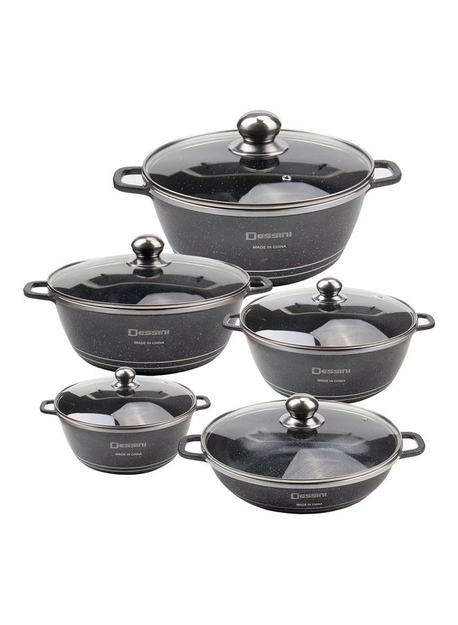 10-Piece Granite Non Stick Cookware Set Includes 4xCasserol With Lid 32cm, 28cm, 24cm, 20cm, 1xShallow Pot With Lid 28 cm Black 32,28,24,20,28cm 