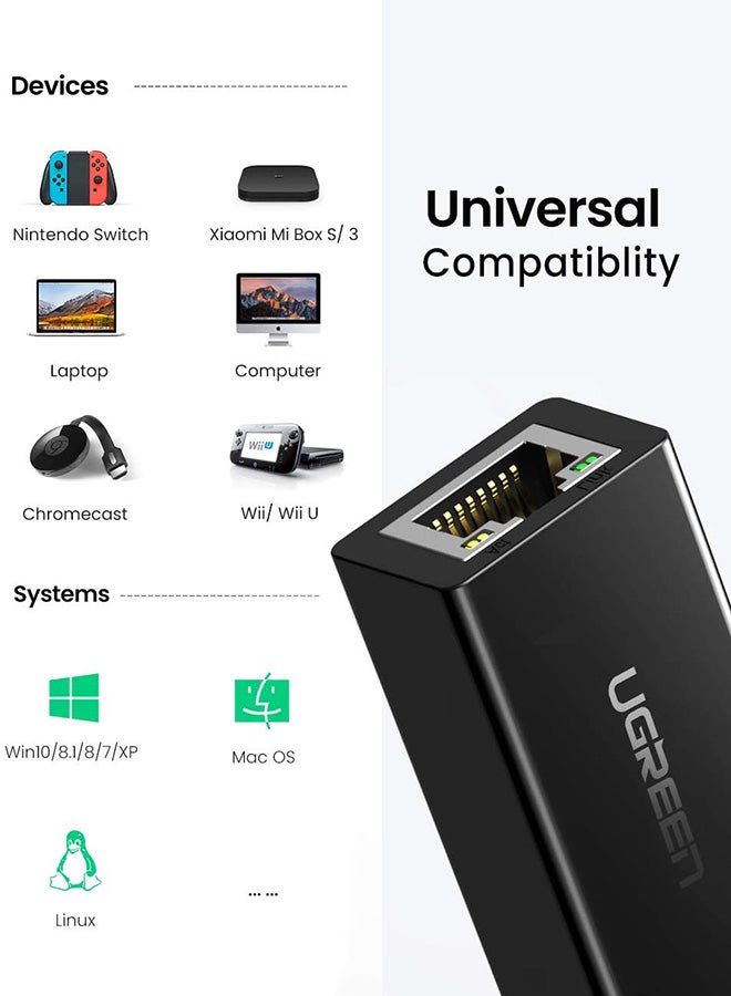 Ugreen - Network Adapter USB 2.0 to 10 100 RJ45 Ethernet Lan Wired Adapter Compatible with Switch Wii Wii U Macbook Chromebook Windows 11 10 8.1 Mac OS 10.13 Surface Pro Black - Image 1