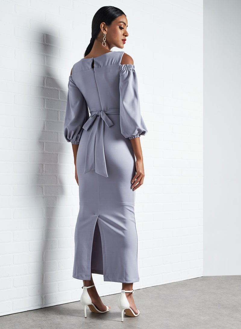 House of Moda Round Neck And Long Sleeve Bardot Dress Purple - Image 3