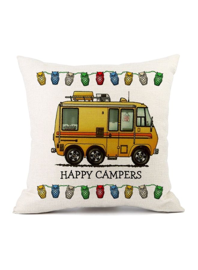 كيس مخدة مطبوع بعبارة "Happy Campers" بيج/أصفر/أسود 45x45سم
