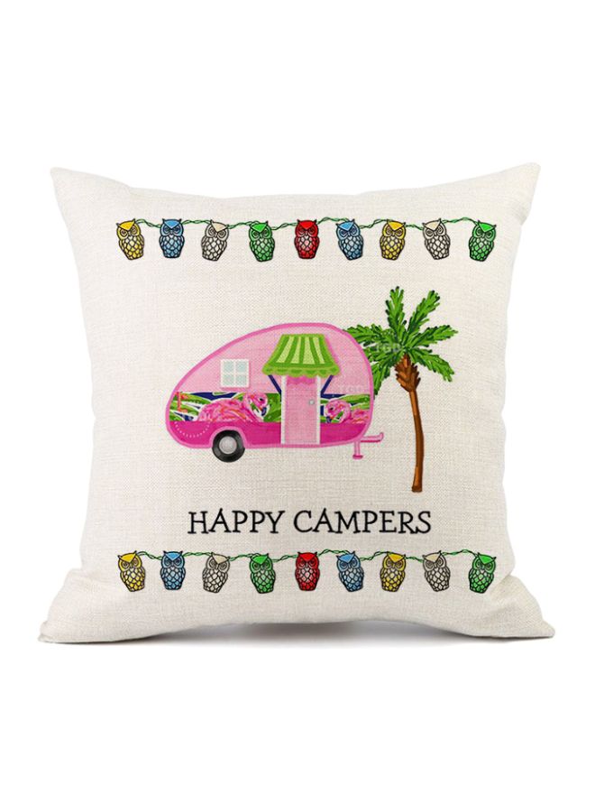 Happy Campers Printed Cushion Cover Beige/Green/Pink 45x45cm