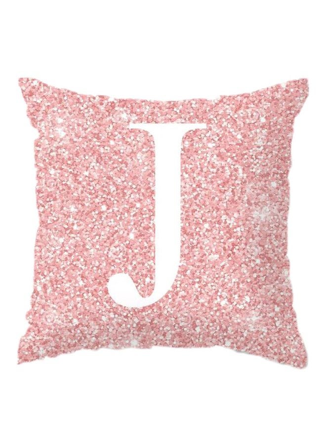 غطاء وسادة ديكور مزين بطبعة حرف J وبنمط معدني وردي/أبيض 45x45سم