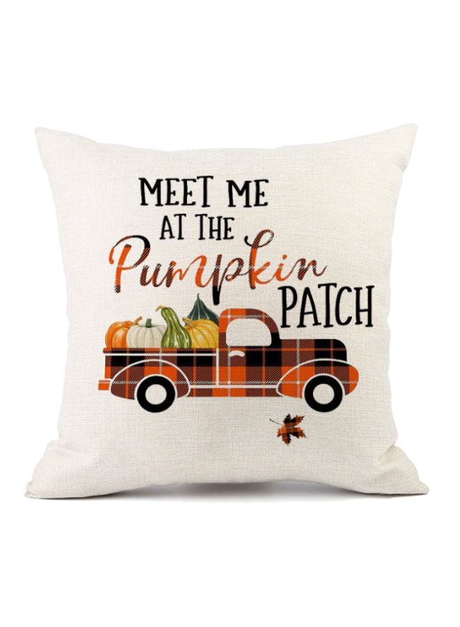 غطاء وسادة بطبعة عبارة "Meet Me At The Pumpkin Patch" الأبيض/ البرتقالي/ الأسود