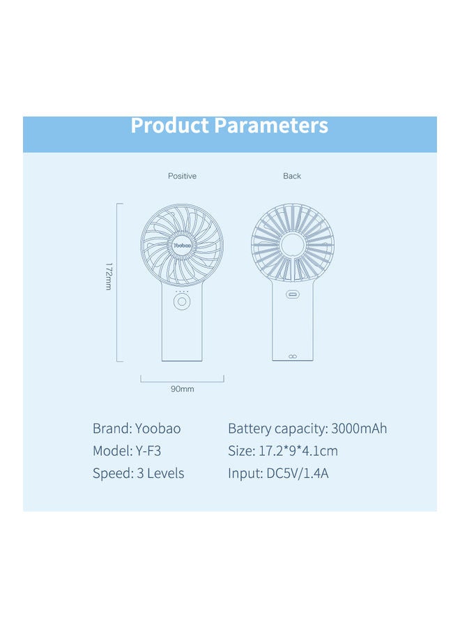 Yoobao Y-F3 USB Rechargeable Handheld Mini Desktop 3-Level Small Electrical Fan Blue - Image 3