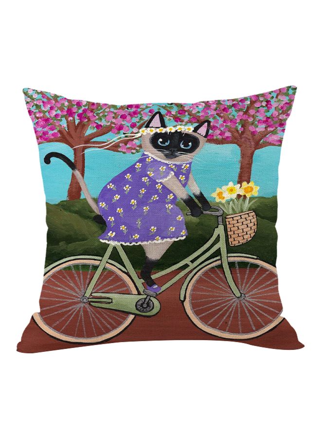 Cat Riding Bicycle Printed Cushion Cover Brown/Blue/Green 45x45cm