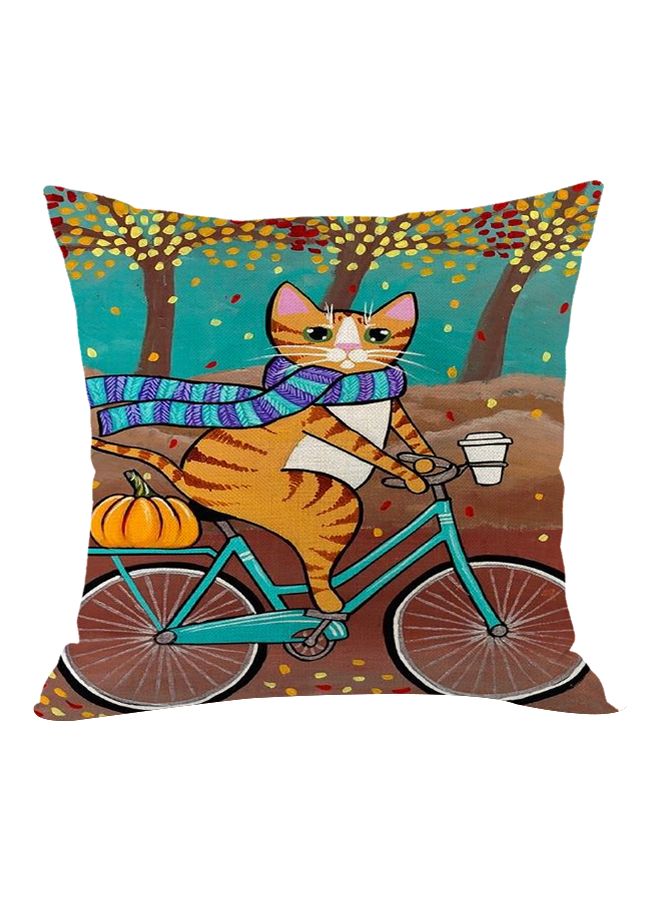 Cat Riding Bicycle Printed Cushion Cover Brown/Blue/Yellow 45x45cm