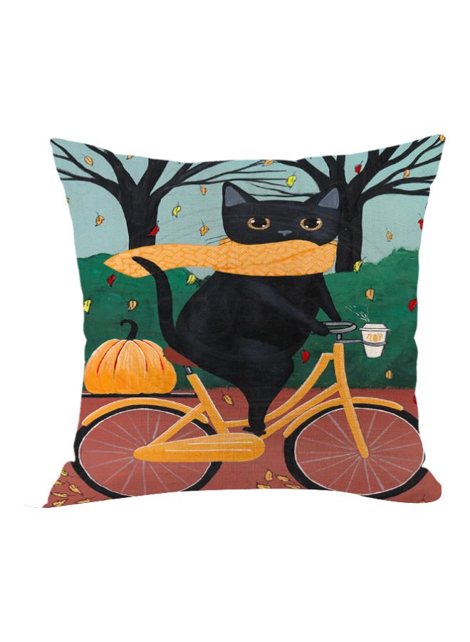 Cat Riding Bicycle Printed Cushion Cover Black/Brown/Green 45x45cm