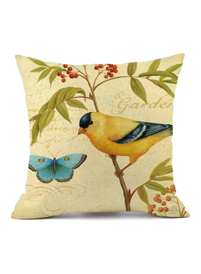Hand Painted Flowers And Bird Printed Cushion Cover Beige/Blue/Yellow 45x45cm