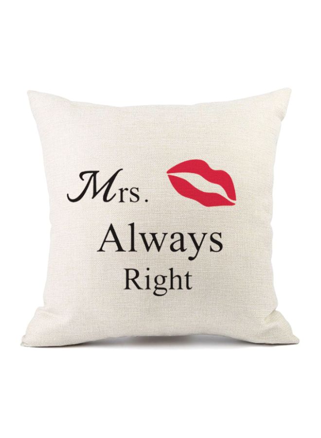 غطاء وسادة ديكور بطبعة عبارة "Mrs. Always Right" أبيض مائل إلى الصفرة/أسود/أحمر 45x45سم