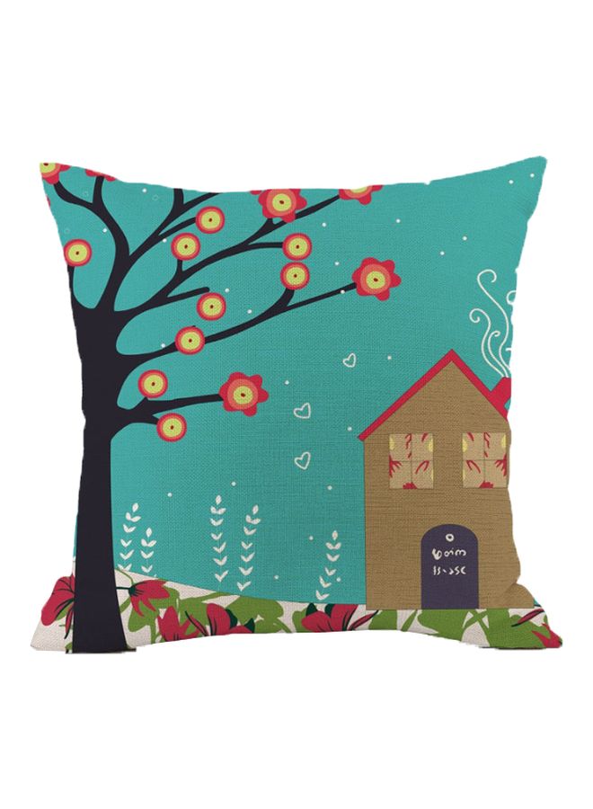 Tree And House Printed Cushion Cover Blue/Brown/Red 45x45cm