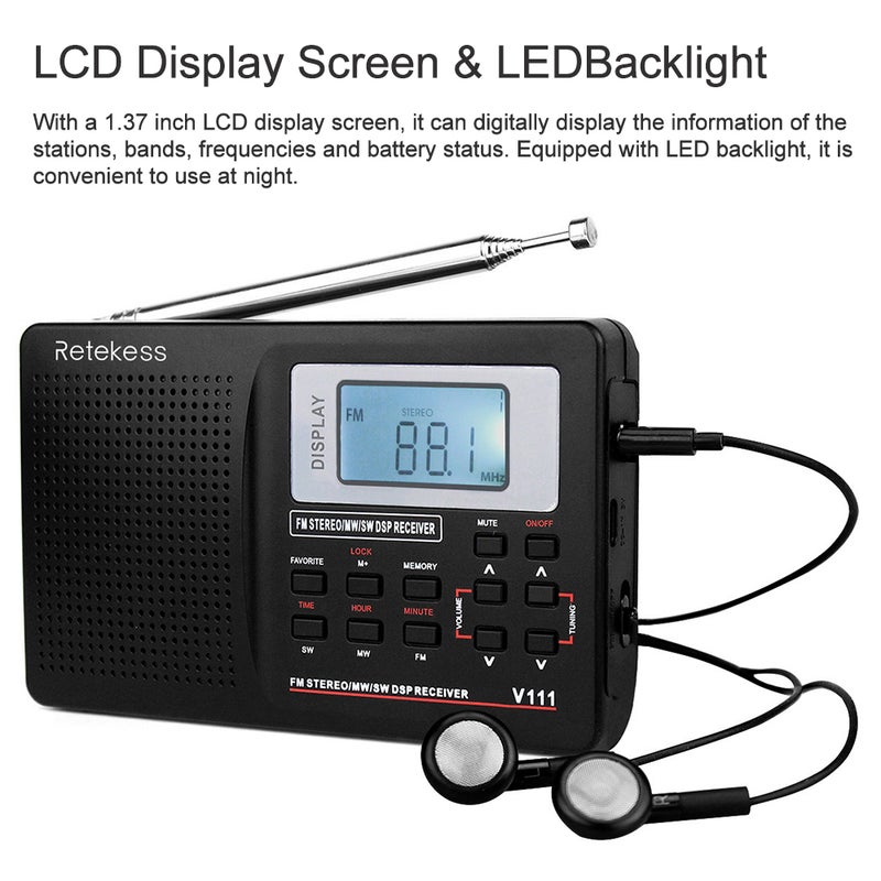 ريتيكيس راديو موالفة رقمي للجيب بصوت ستيريو MW/FM/SW مع سماعة أذن V4103_P أسود - Image 4