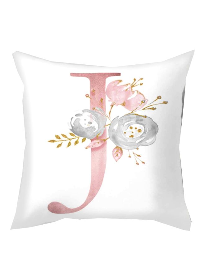 Letter J With Floral Printed Cushion Cover White/Pink/Blue 45x45cm