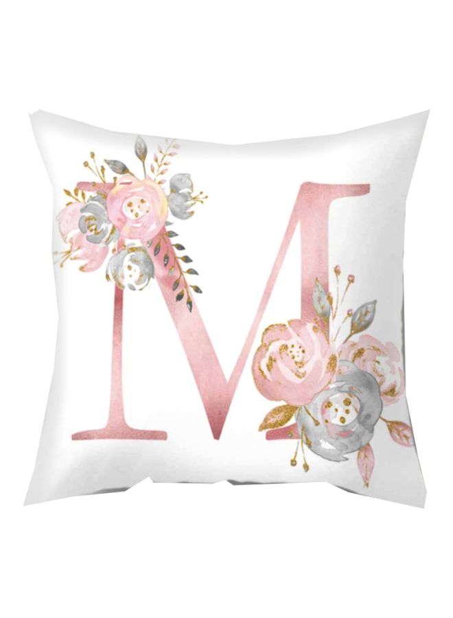 Letter M With Floral Printed Cushion Cover White/Pink/Blue 45x45cm