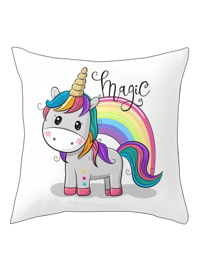 Cartoon Unicorn Printed Cushion Cover White/Pink/Yellow 45x45cm