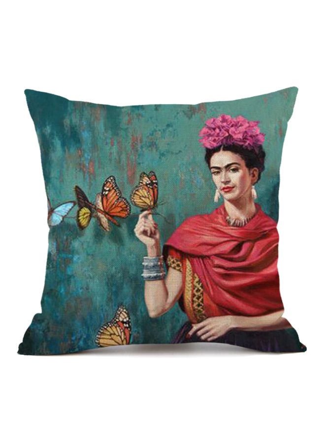 غطاء وسادة بطبعة شخصية فريدا كاهلو أزرق/أحمر/وردي 45x45سم