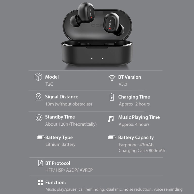 QCY - T2C TWS Bluetooth Earphones PAE0305B_P Black - Image 1