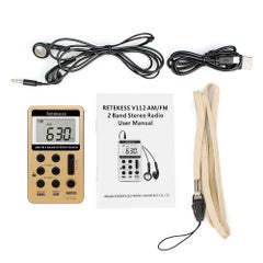 راديو جيب ستيريو محمول من طراز V-112 مع سلك قصير لسماعة الأذن وشاشة عرض LCD بمقاس 1.5 بوصة V3765_P ذهبي