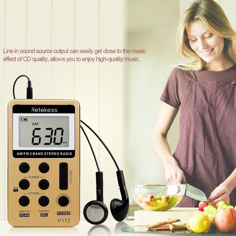 ريتيكيس - راديو جيب ستيريو محمول من طراز V-112 مع سلك قصير لسماعة الأذن وشاشة عرض LCD بمقاس 1.5 بوصة V3765_P ذهبي - Image 1