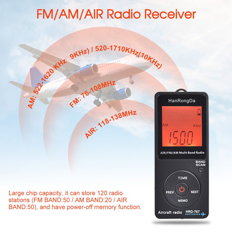 HanRongDa - HRD-767 FM/AM/AIR Multi Band Radio Aircraft Band Radio Receiver V6559_P Black - Image 1