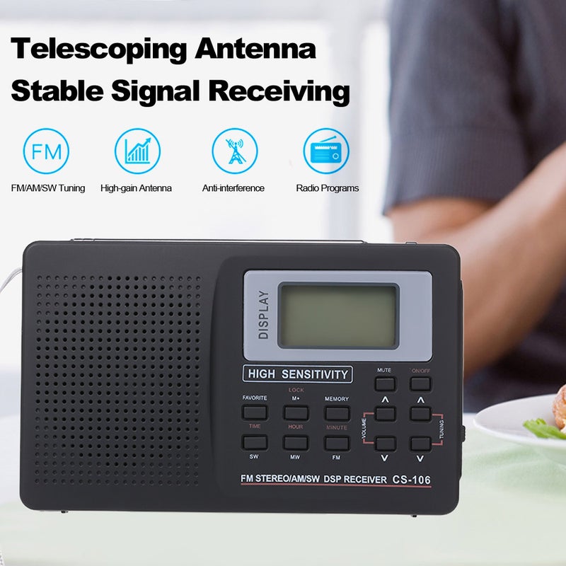 Portable FM/AM/SW Radio Multiband Digital Stereo Radio Receiver V6506_P Black