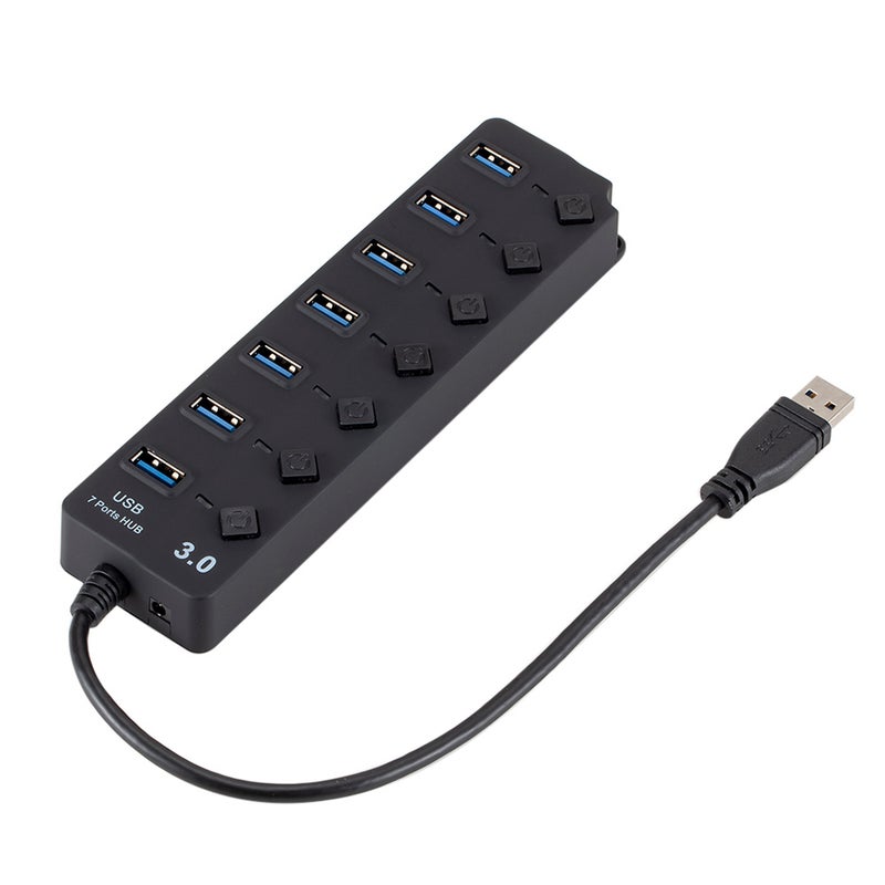 موزع منافذ USB 3.0 بـ7 منافذ مع أزرار للتشغيل والإغلاق V6095_P أسود - Image 1