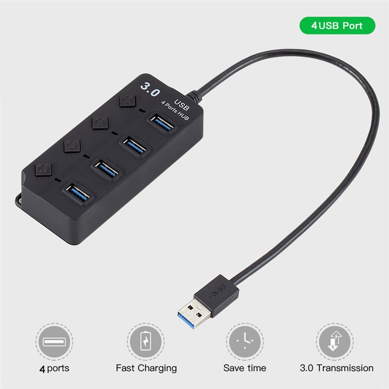 موزع ومقسّم بكابل USB وأربع منافذ مع أزرار للتشغيل والإطفاء V6094_P أسود - Image 4