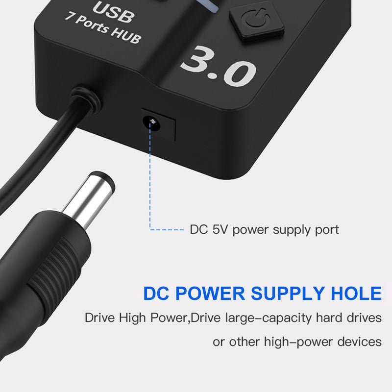 موزع منافذ USB 3.0 بـ7 منافذ مع أزرار للتشغيل والإغلاق V6095_P أسود - Image 2