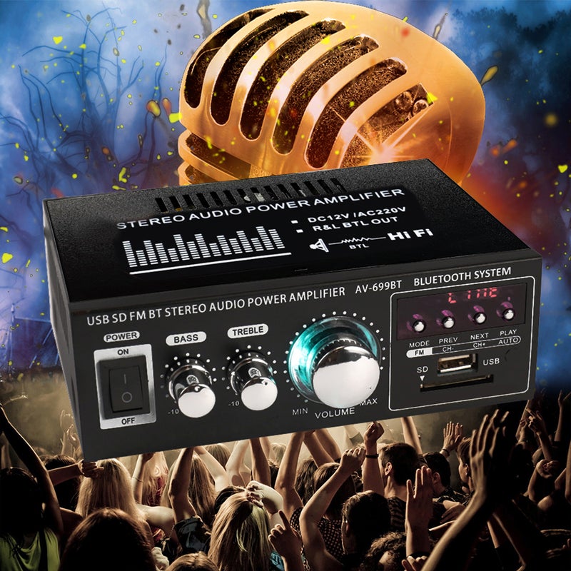 مضخم صوت ستيريو هاي فاي صغير بقناتين وشاشة LCD بجهد 12 فولت/ 220 فولت V5506_P أسود - Image 4